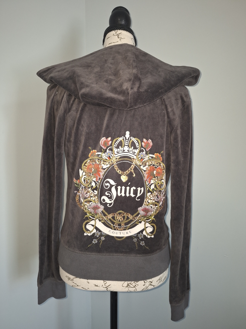 rare vintage Juicy Couture Women's Gray Embellished Velour Hoodie